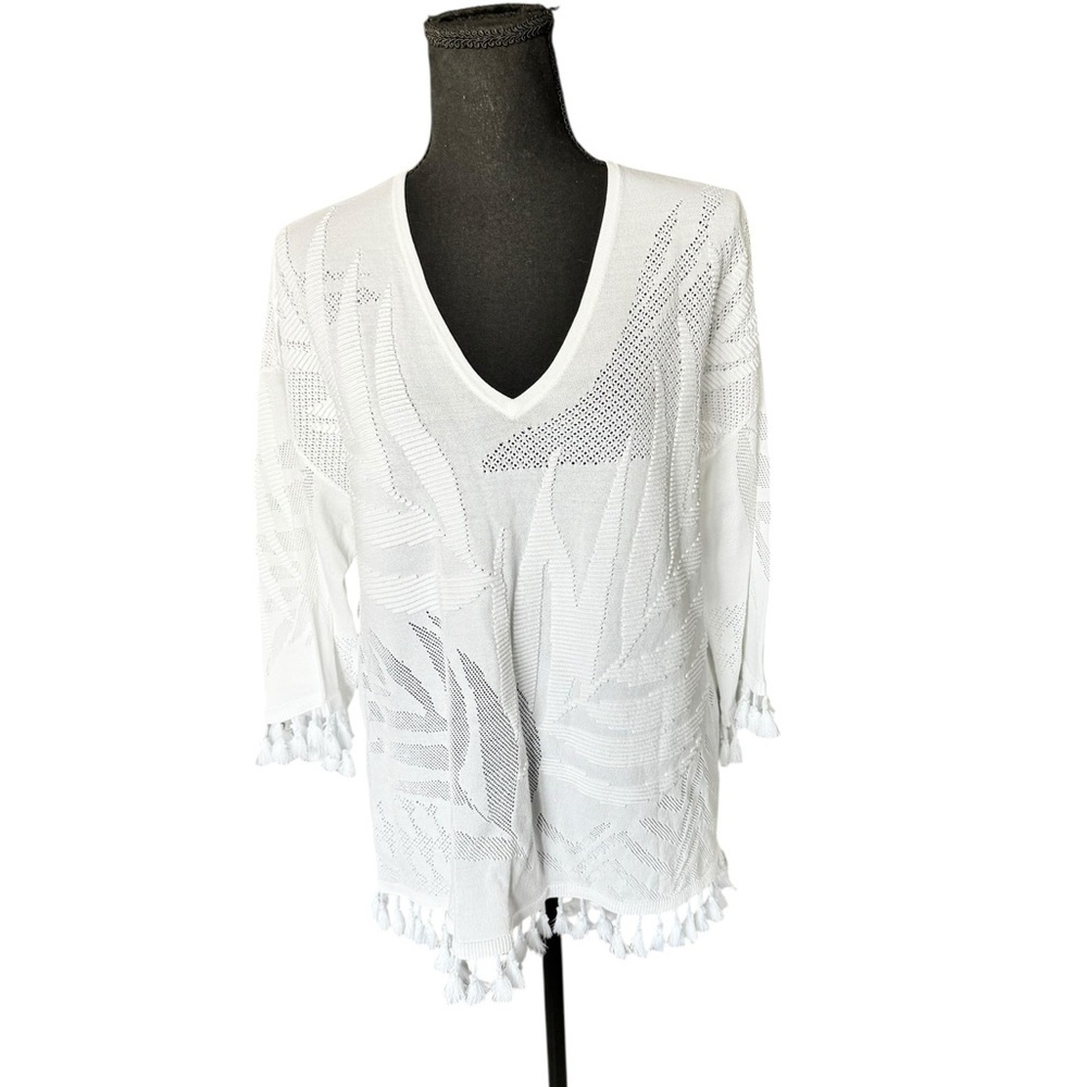 Chico’s White Textured Knit Tassel Topper | Coastal Boho Resort Size 2 Large U32